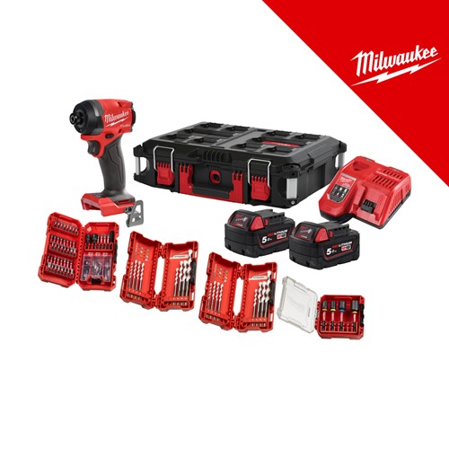 MILWAUKEE 18V AKU UDARNI IZVIJAČ 1/4 prihvat, 226 Nm, u PACKOUT koferu sa 12x5Ah baterijama i punjačem (M18FID3100P-502P - 4933498244)