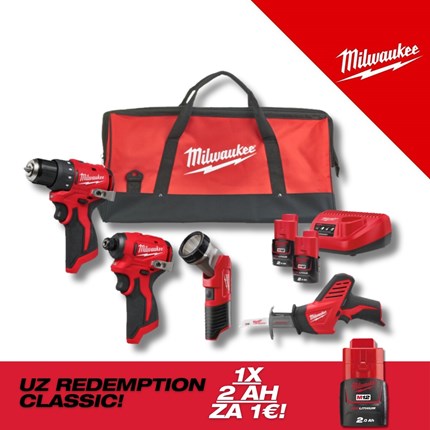 MILWAUKEE 12V AKU KOMPLET ALATA POWERPACK, s 2x2Ah baterijama i punjačem u torbi (M12BLPP4A-202B - 4933499693)