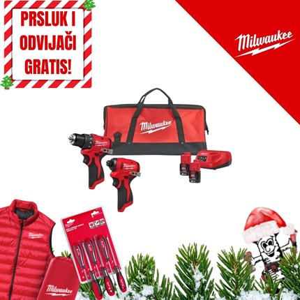 MILWAUKEE 12V AKU KOMPLET ALATA, PRSLUK I ODVIJAČI GRATIS u X koferu sa 2x2Ah baterijama i punjačem u torbi(M12BLPP2D-202B - 4933500139)