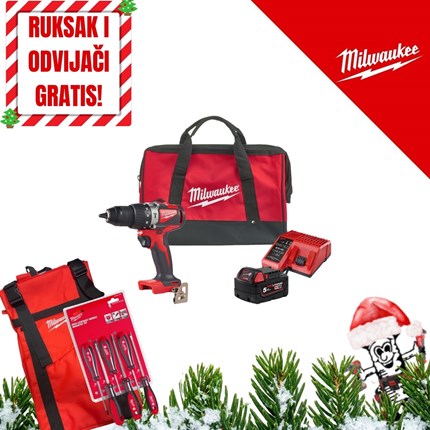 MILWAUKEE 18V AKU UDARNA BUŠILICA RUKSAK I ODVIJAČI GRATIS, 82 Nm, u torbi s 5Ah baterijom i punjačem (M18BLPD2-501BRF - 4933500775)