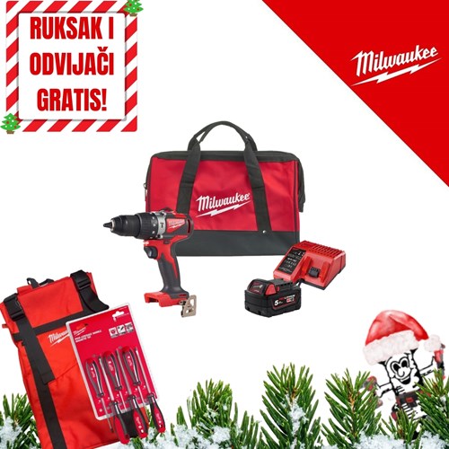 MILWAUKEE 18V AKU UDARNA BUŠILICA RUKSAK I ODVIJAČI GRATIS, 82 Nm, u torbi s 5Ah baterijom i punjačem (M18BLPD2-501BRF - 4933500775)