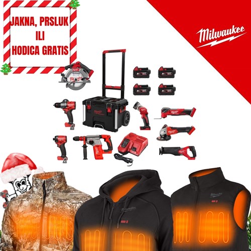 MILWAUKEE V.K. SUPER SET POWERPACK 8 JAKNA, PRSLUK ILI HODICA GRIJANA GRATIS M18FPD3, M18FID3, M18FSAG125X, M18FCS552, M18FSZ, M18FMT, M18BLHX, M18TLED, 4x5h bat, M12-18FC punjač i PACKOUT kolica