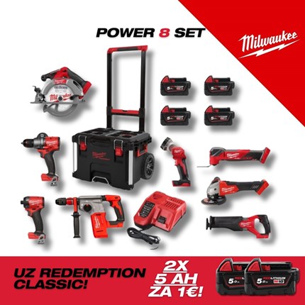MILWAUKEE V.K. SUPER SET POWERPACK 8 M18FPD3, M18FID3, M18FSAG125X, M18FCS552, M18FSZ, M18FMT, M18BLHX, M18TLED, 4x5h bat, M12-18FC punjač i PACKOUT kolica