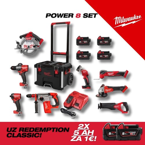 MILWAUKEE V.K. SUPER SET POWERPACK 8 M18FPD3, M18FID3, M18FSAG125X, M18FCS552, M18FSZ, M18FMT, M18BLHX, M18TLED, 4x5h bat, M12-18FC punjač i PACKOUT kolica
